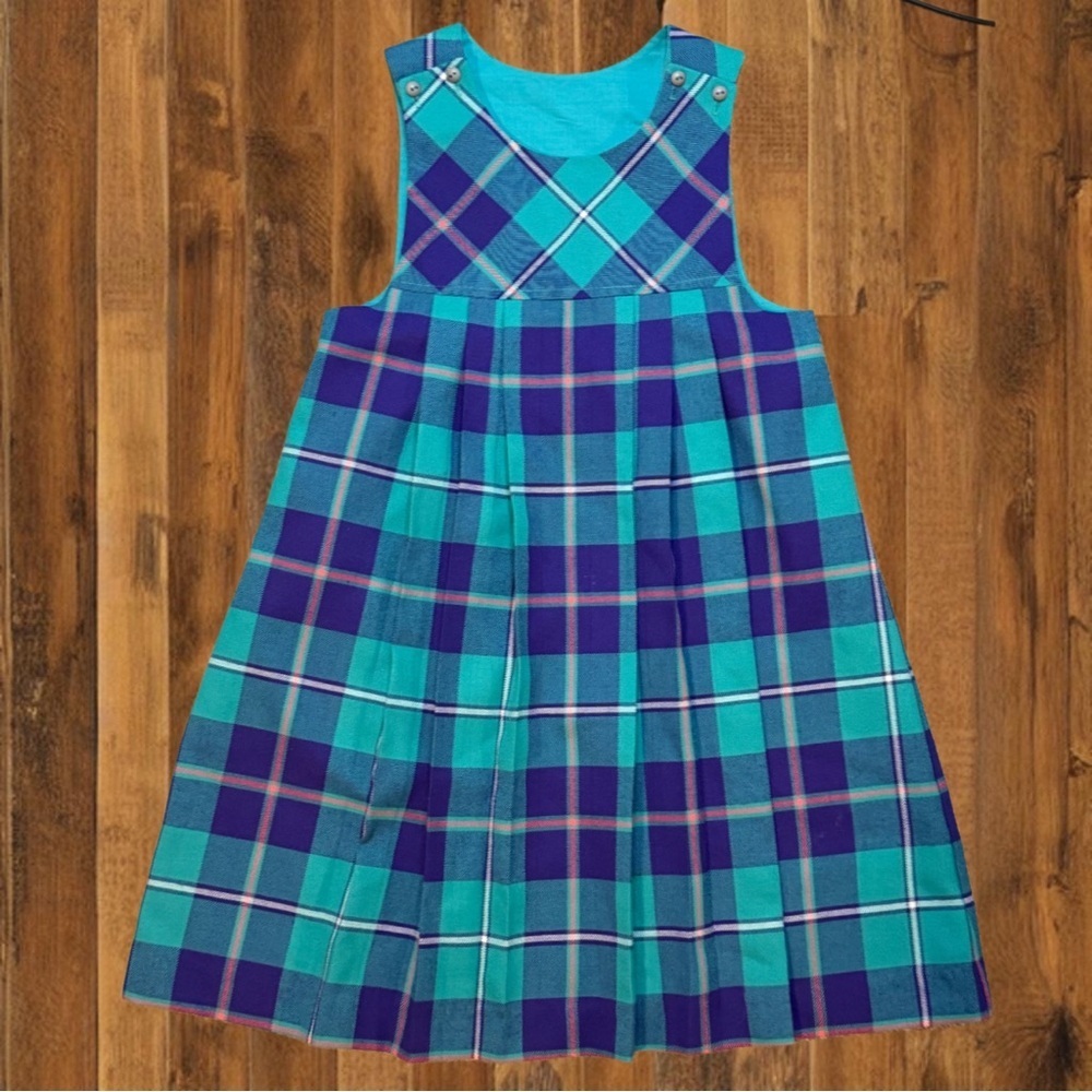 90s Plaid Schoolgirl Pinafore Dress • Teal & Purple Tartan • Size 7